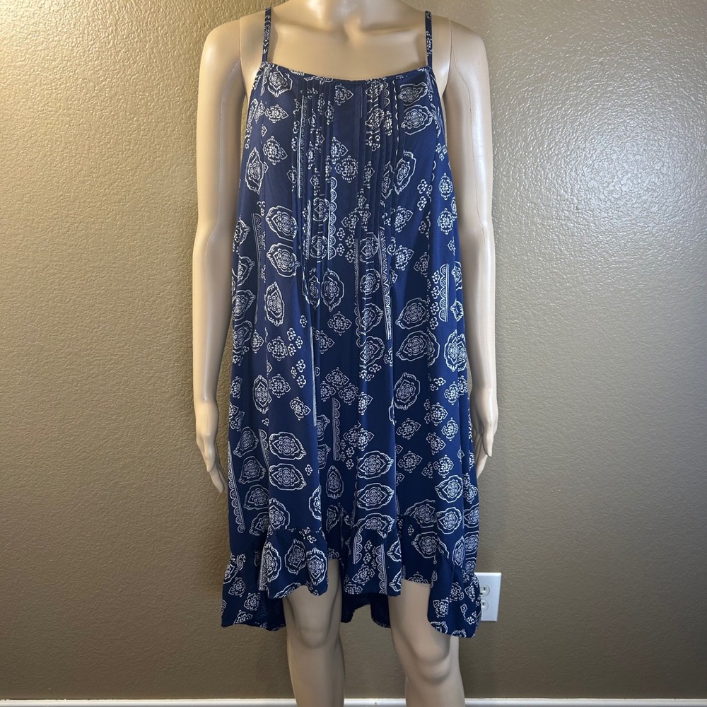Navy Blue White Medallion Print Pintuck Ruffle High Low Rayon Sundress RN 31104